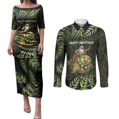 New Zealand Christmas Couples Matching Puletasi and Long Sleeve Button Shirt Santa Riding Kakapo Bird Silver Fern