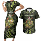 New Zealand Christmas Couples Matching Short Sleeve Bodycon Dress and Hawaiian Shirt Santa Riding Kakapo Bird Silver Fern