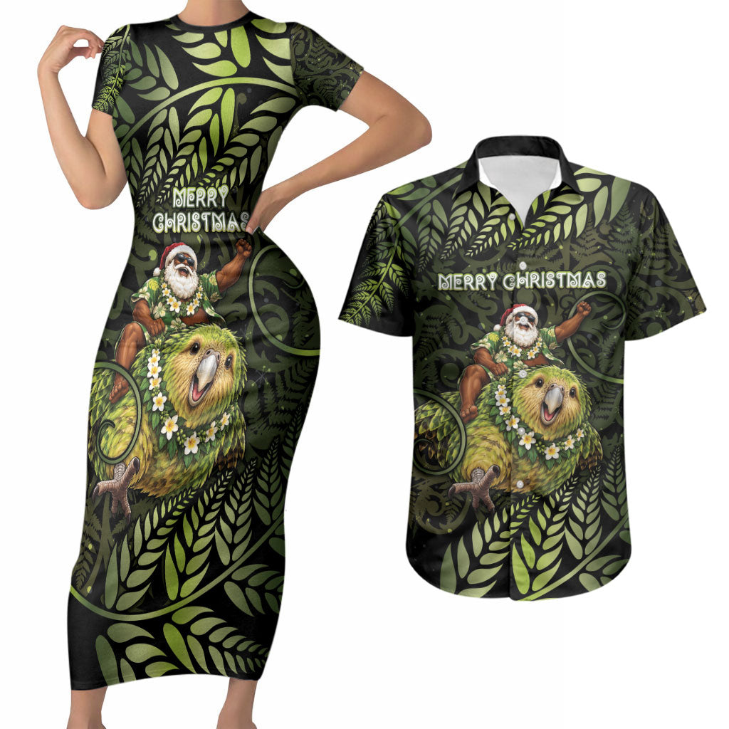 New Zealand Christmas Couples Matching Short Sleeve Bodycon Dress and Hawaiian Shirt Santa Riding Kakapo Bird Silver Fern