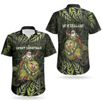 New Zealand Christmas Couples Matching Short Sleeve Bodycon Dress and Hawaiian Shirt Santa Riding Kakapo Bird Silver Fern