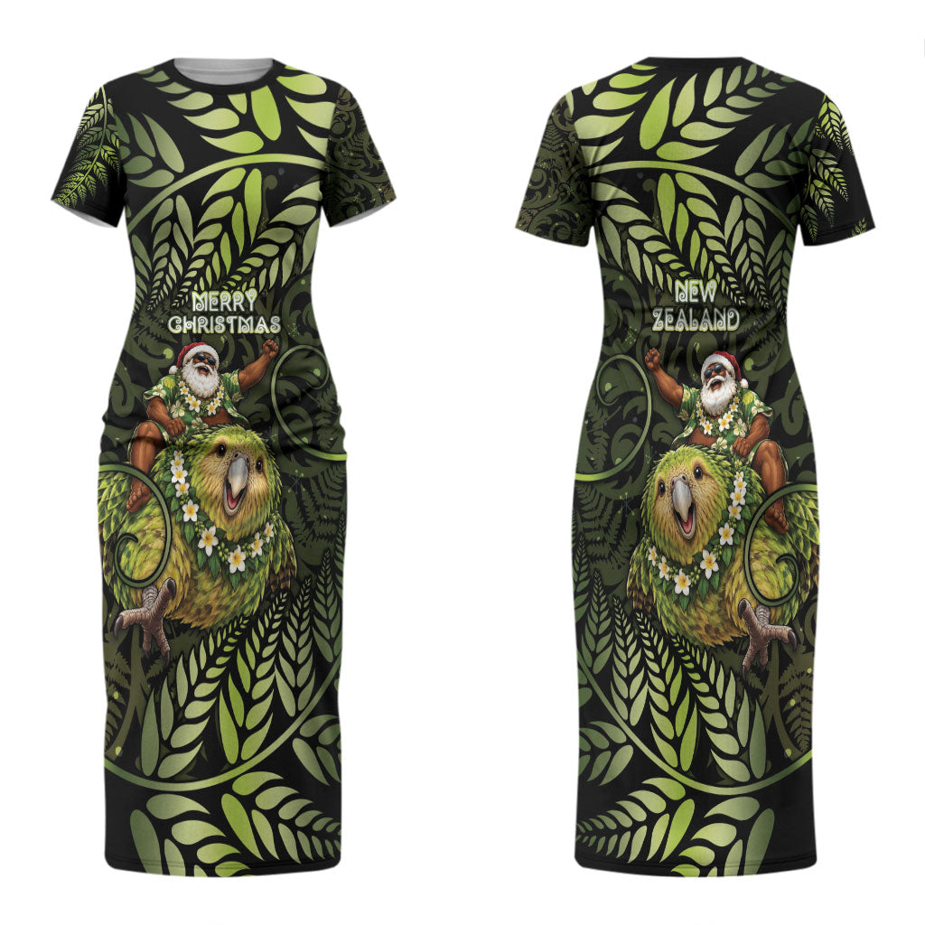 New Zealand Christmas Couples Matching Short Sleeve Bodycon Dress and Hawaiian Shirt Santa Riding Kakapo Bird Silver Fern