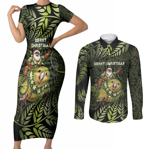 New Zealand Christmas Couples Matching Short Sleeve Bodycon Dress and Long Sleeve Button Shirt Santa Riding Kakapo Bird Silver Fern