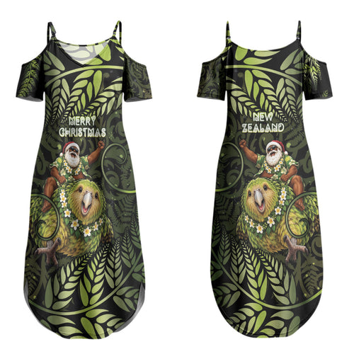 New Zealand Christmas Couples Matching Summer Maxi Dress and Hawaiian Shirt Santa Riding Kakapo Bird Silver Fern