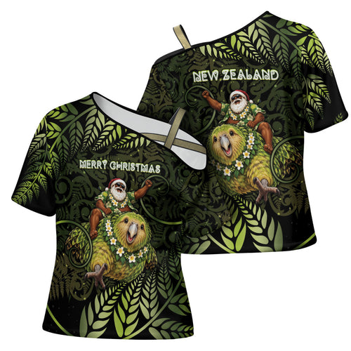 New Zealand Christmas Cross Shoulder Shirt Santa Riding Kakapo Bird Silver Fern