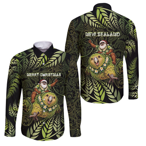 New Zealand Christmas Family Matching Off The Shoulder Long Sleeve Dress and Hawaiian Shirt Santa Riding Kakapo Bird Silver Fern