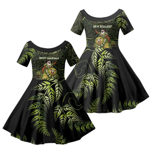 New Zealand Christmas Family Matching Off The Shoulder Long Sleeve Dress and Hawaiian Shirt Santa Riding Kakapo Bird Silver Fern