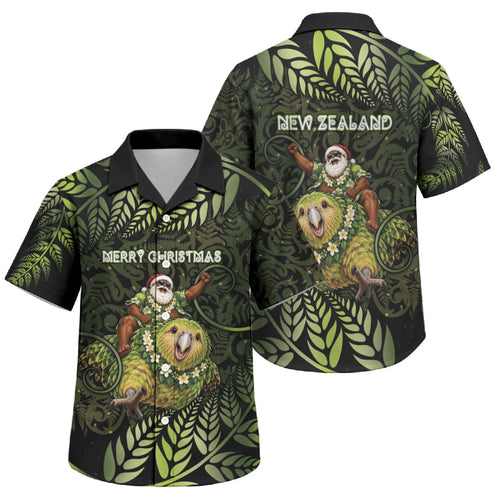New Zealand Christmas Family Matching Off The Shoulder Long Sleeve Dress and Hawaiian Shirt Santa Riding Kakapo Bird Silver Fern