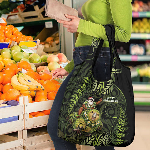 New Zealand Christmas Grocery Bag Santa Riding Kakapo Bird Silver Fern