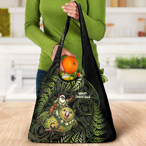 New Zealand Christmas Grocery Bag Santa Riding Kakapo Bird Silver Fern