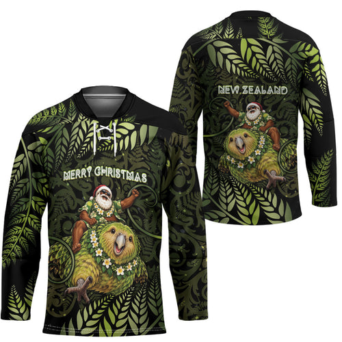 New Zealand Christmas Hockey Jersey Santa Riding Kakapo Bird Silver Fern