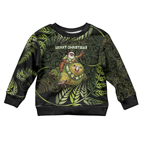 New Zealand Christmas Kid Ugly Christmas Sweater Santa Riding Kakapo Bird Silver Fern