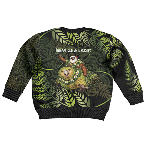 New Zealand Christmas Kid Ugly Christmas Sweater Santa Riding Kakapo Bird Silver Fern