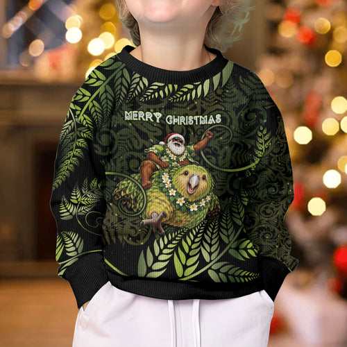 New Zealand Christmas Kid Ugly Christmas Sweater Santa Riding Kakapo Bird Silver Fern
