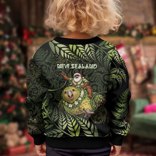 New Zealand Christmas Kid Ugly Christmas Sweater Santa Riding Kakapo Bird Silver Fern