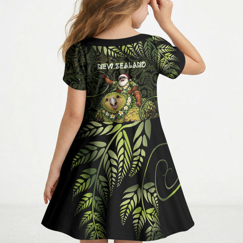 New Zealand Christmas Kid Short Sleeve Dress Santa Riding Kakapo Bird Silver Fern