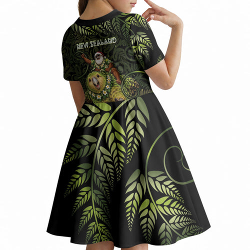 New Zealand Christmas Kid Short Sleeve Dress Santa Riding Kakapo Bird Silver Fern