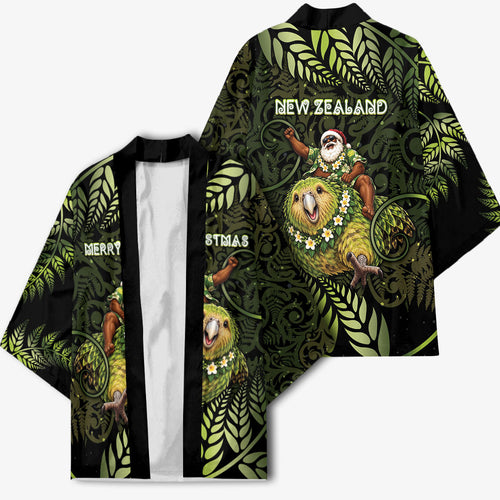 New Zealand Christmas Kimono Santa Riding Kakapo Bird Silver Fern