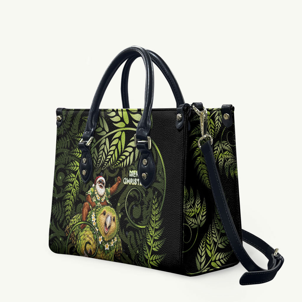 New Zealand Christmas Leather Bag Santa Riding Kakapo Bird Silver Fern