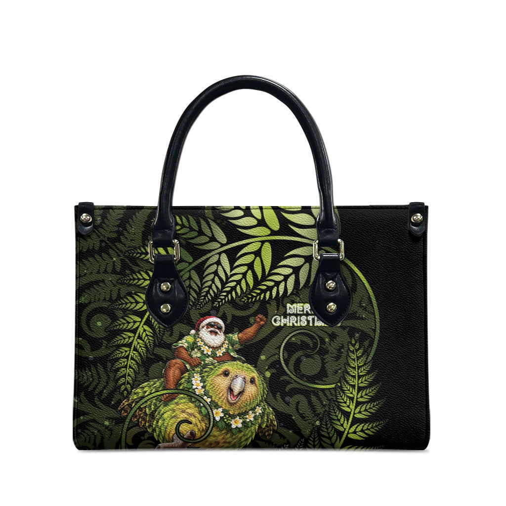 New Zealand Christmas Leather Bag Santa Riding Kakapo Bird Silver Fern