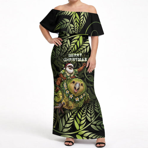 New Zealand Christmas Off Shoulder Maxi Dress Santa Riding Kakapo Bird Silver Fern