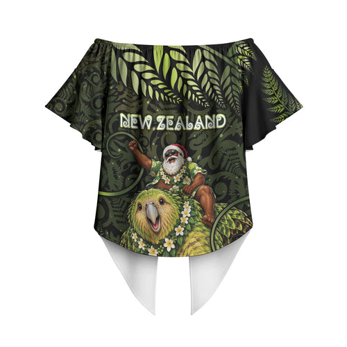 New Zealand Christmas Off Shoulder Wrap Waist Top Santa Riding Kakapo Bird Silver Fern