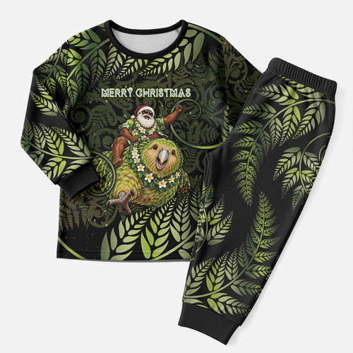 New Zealand Christmas Pajama Set Santa Riding Kakapo Bird Silver Fern