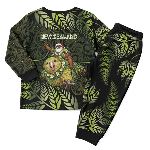 New Zealand Christmas Pajama Set Santa Riding Kakapo Bird Silver Fern