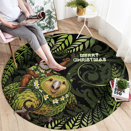 New Zealand Christmas Round Carpet Santa Riding Kakapo Bird Silver Fern