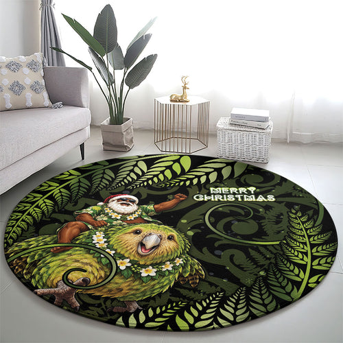 New Zealand Christmas Round Carpet Santa Riding Kakapo Bird Silver Fern