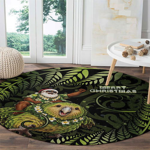 New Zealand Christmas Round Carpet Santa Riding Kakapo Bird Silver Fern