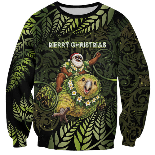 New Zealand Christmas Sweatshirt Santa Riding Kakapo Bird Silver Fern