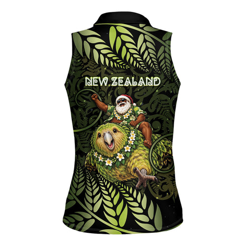 New Zealand Christmas Women Sleeveless Polo Shirt Santa Riding Kakapo Bird Silver Fern