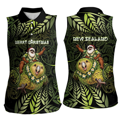 New Zealand Christmas Women Sleeveless Polo Shirt Santa Riding Kakapo Bird Silver Fern
