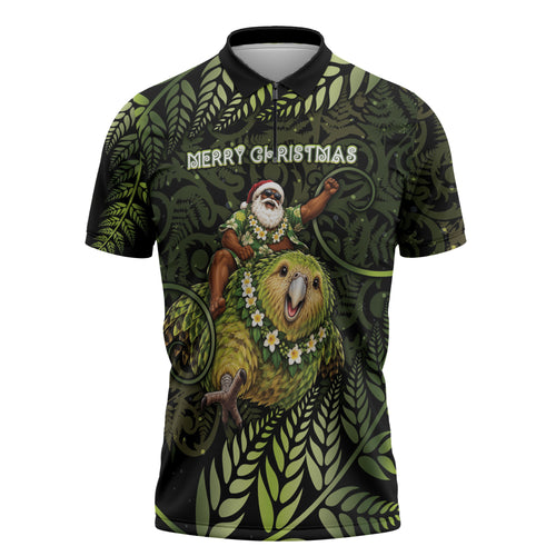 New Zealand Christmas Zipper Polo Shirt Santa Riding Kakapo Bird Silver Fern