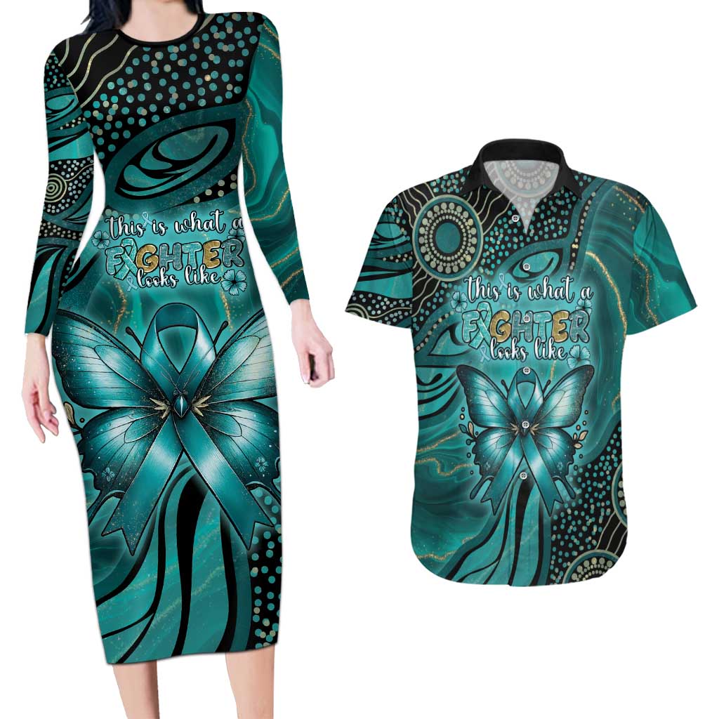 Personalised Ovarian Cancer Awareness Couples Matching Long Sleeve Bodycon Dress and Hawaiian Shirt This Is What A Fighter Looks Like