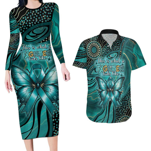 Personalised Ovarian Cancer Awareness Couples Matching Long Sleeve Bodycon Dress and Hawaiian Shirt This Is What A Fighter Looks Like