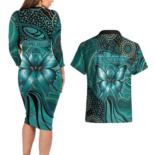 Personalised Ovarian Cancer Awareness Couples Matching Long Sleeve Bodycon Dress and Hawaiian Shirt This Is What A Fighter Looks Like