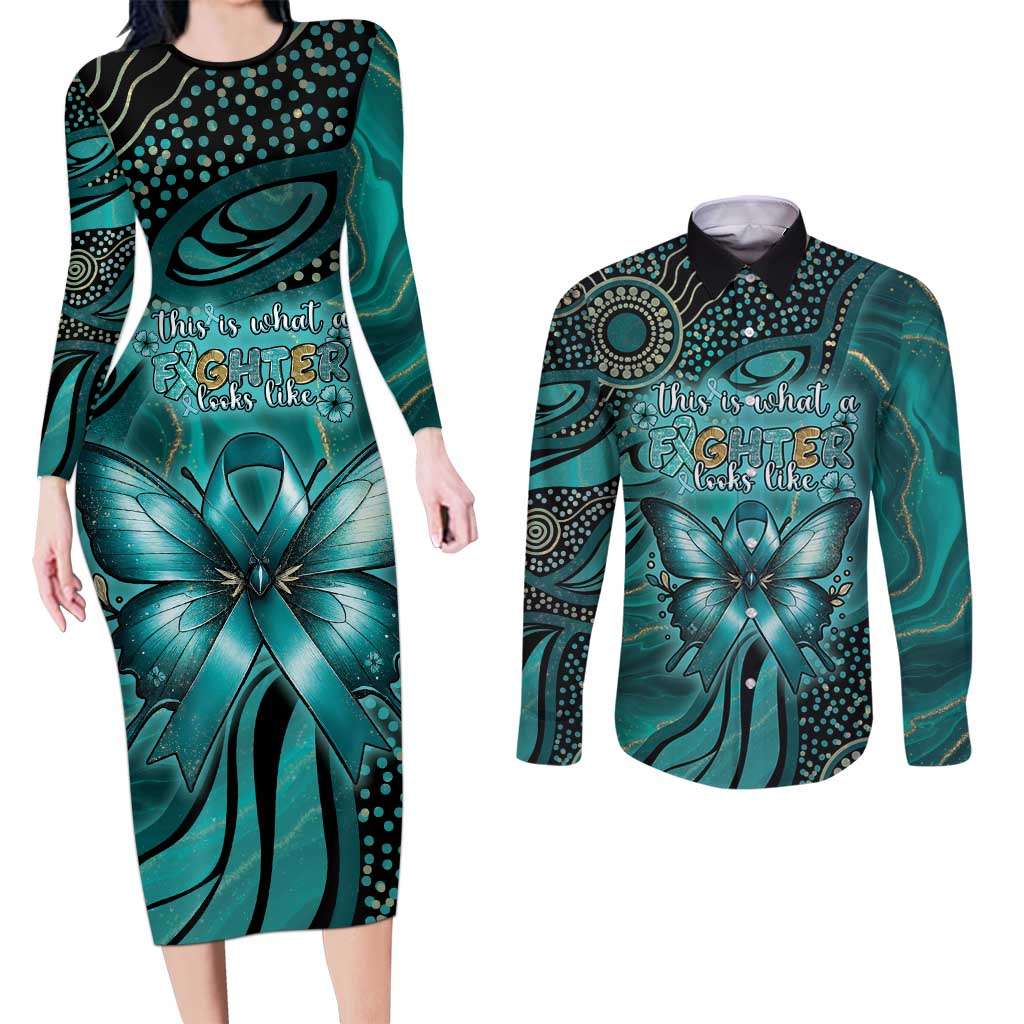Personalised Ovarian Cancer Awareness Couples Matching Long Sleeve Bodycon Dress and Long Sleeve Button Shirt This Is What A Fighter Looks Like