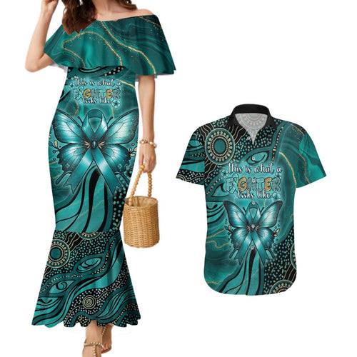Personalised Ovarian Cancer Awareness Couples Matching Mermaid Dress and Hawaiian Shirt This Is What A Fighter Looks Like