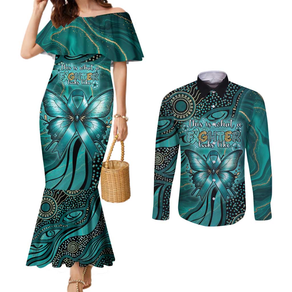 Personalised Ovarian Cancer Awareness Couples Matching Mermaid Dress and Long Sleeve Button Shirt This Is What A Fighter Looks Like