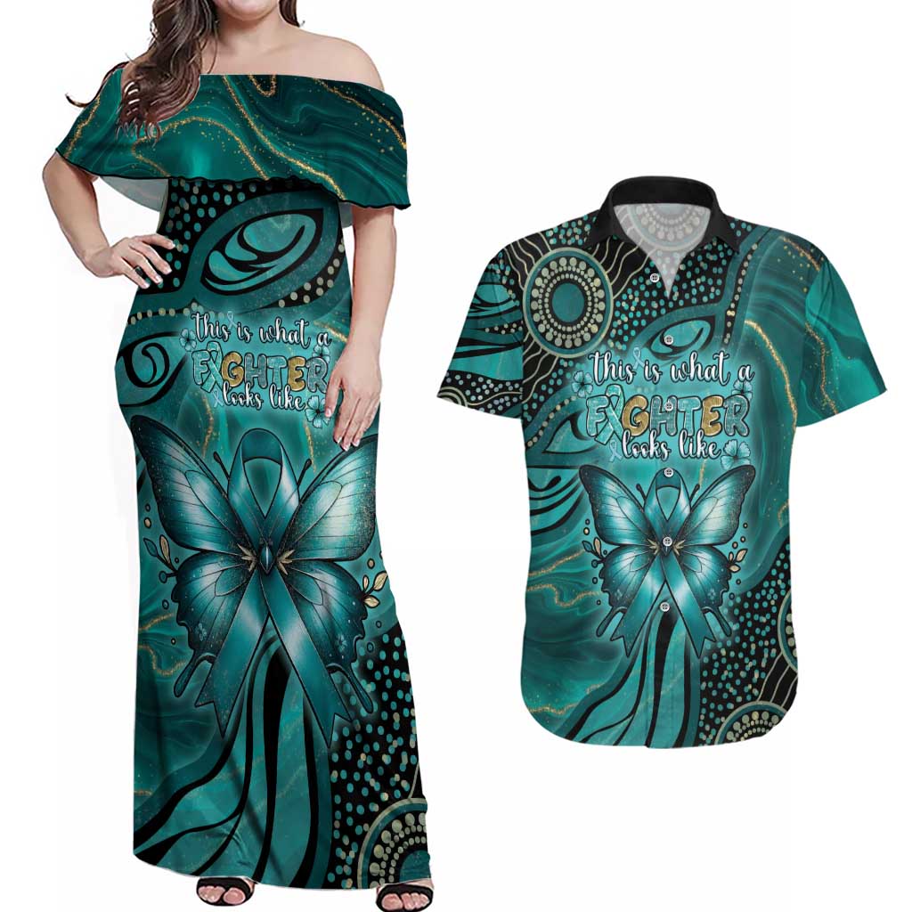 Personalised Ovarian Cancer Awareness Couples Matching Off Shoulder Maxi Dress and Hawaiian Shirt This Is What A Fighter Looks Like