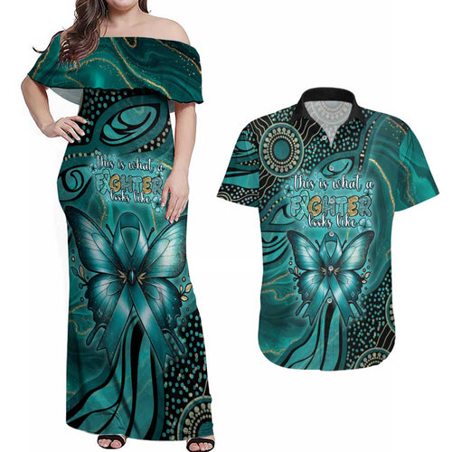 Personalised Ovarian Cancer Awareness Couples Matching Off Shoulder Maxi Dress and Hawaiian Shirt This Is What A Fighter Looks Like
