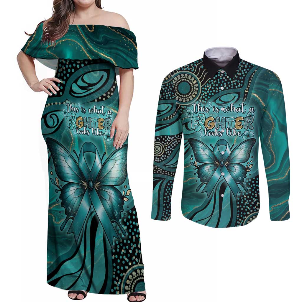 Personalised Ovarian Cancer Awareness Couples Matching Off Shoulder Maxi Dress and Long Sleeve Button Shirt This Is What A Fighter Looks Like