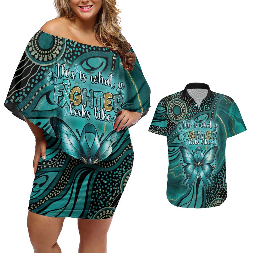 Personalised Ovarian Cancer Awareness Couples Matching Off Shoulder Short Dress and Hawaiian Shirt This Is What A Fighter Looks Like