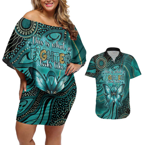 Personalised Ovarian Cancer Awareness Couples Matching Off Shoulder Short Dress and Hawaiian Shirt This Is What A Fighter Looks Like