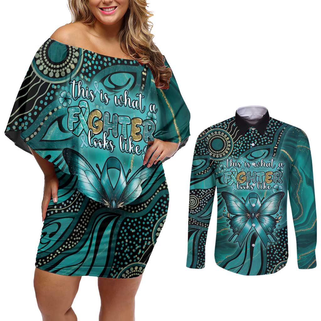 Personalised Ovarian Cancer Awareness Couples Matching Off Shoulder Short Dress and Long Sleeve Button Shirt This Is What A Fighter Looks Like