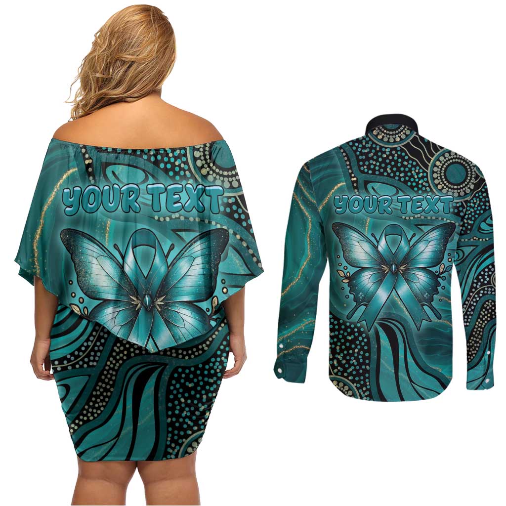 Personalised Ovarian Cancer Awareness Couples Matching Off Shoulder Short Dress and Long Sleeve Button Shirt This Is What A Fighter Looks Like