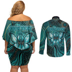 Personalised Ovarian Cancer Awareness Couples Matching Off Shoulder Short Dress and Long Sleeve Button Shirt This Is What A Fighter Looks Like