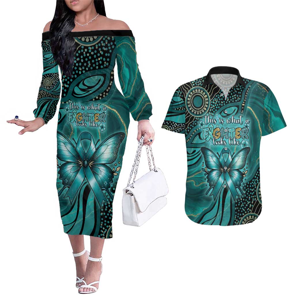 Personalised Ovarian Cancer Awareness Couples Matching Off The Shoulder Long Sleeve Dress and Hawaiian Shirt This Is What A Fighter Looks Like