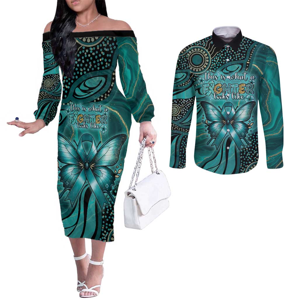 Personalised Ovarian Cancer Awareness Couples Matching Off The Shoulder Long Sleeve Dress and Long Sleeve Button Shirt This Is What A Fighter Looks Like